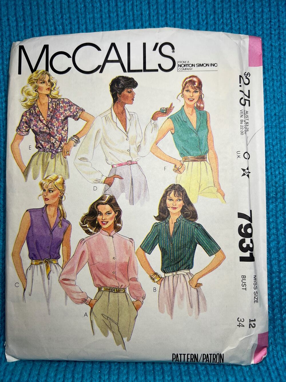 McCalls 7931 Sewing pattern blouse sleeveless short long sleeve size 12